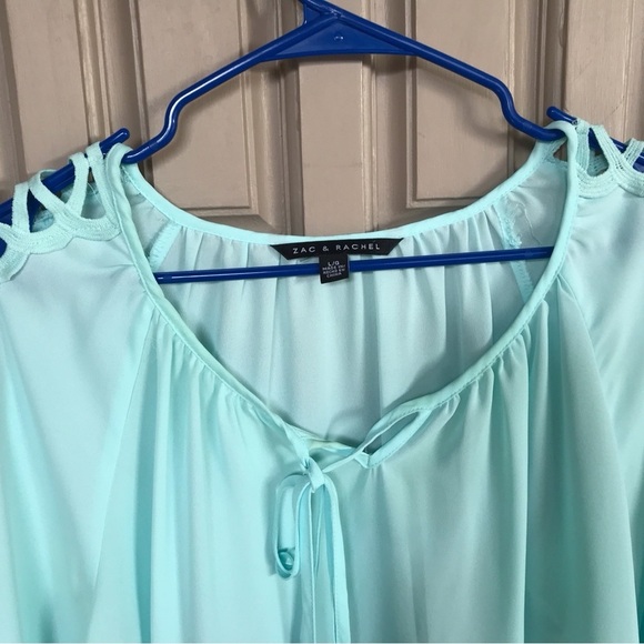 Zac&Rachel Top BoHo Aqua Sleeve Insert Round Neck Tie Front Pullover Gorgeous - Picture 5 of 7